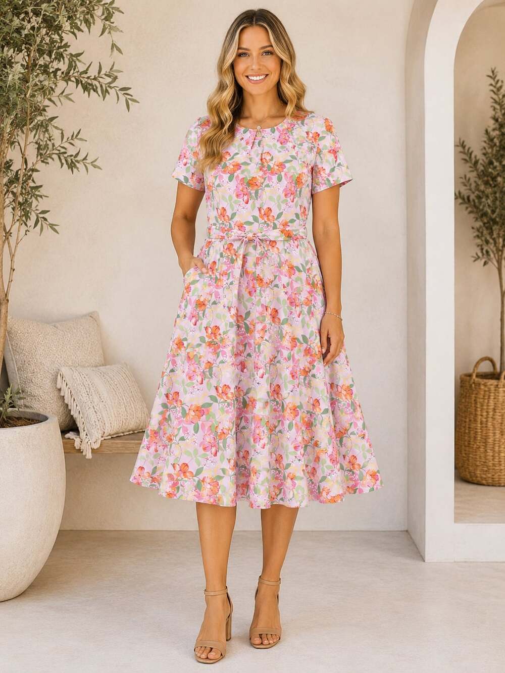 Appleseed’s Pink Floral Belted Knee Length Dress Plus Size XL Petite